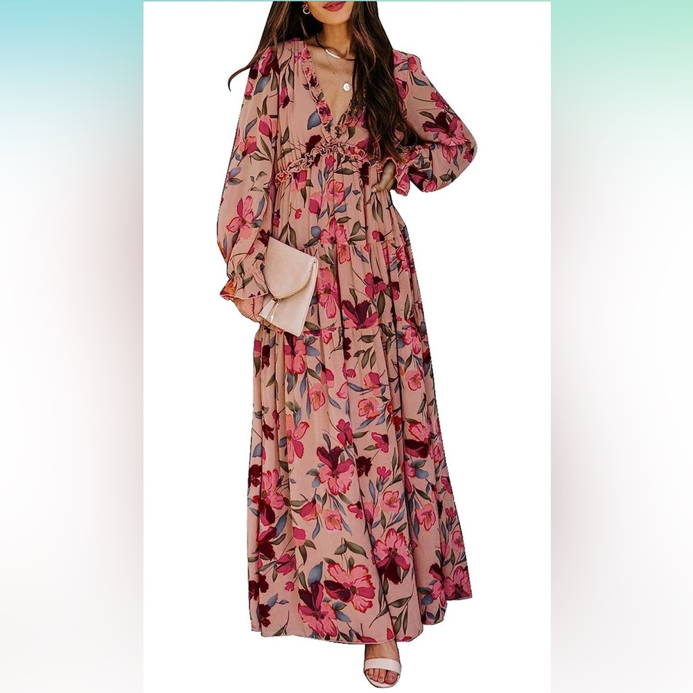 BLENCOT NWT Womens Floral V Neck Long Sleeve Maxi Dress